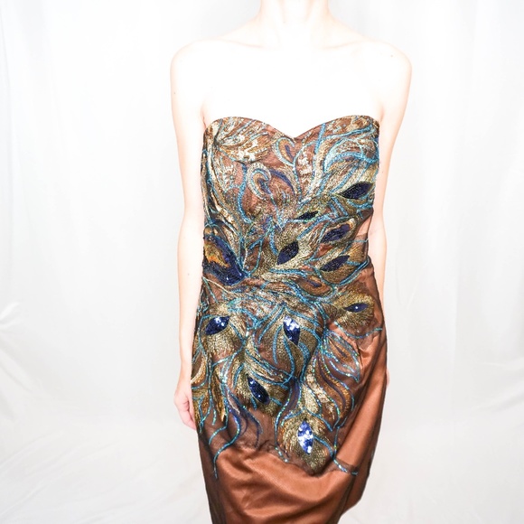 NWOT Peacock Metallic Bronze Blue Sequin Dress - Picture 2 of 7